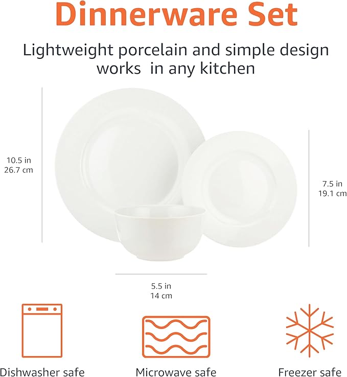Amazon Basics Kitchen Dinnerware Set, Microwave and Dishwasher Safe, Plates, Bowls, Service for 6, 18-Piece, White
