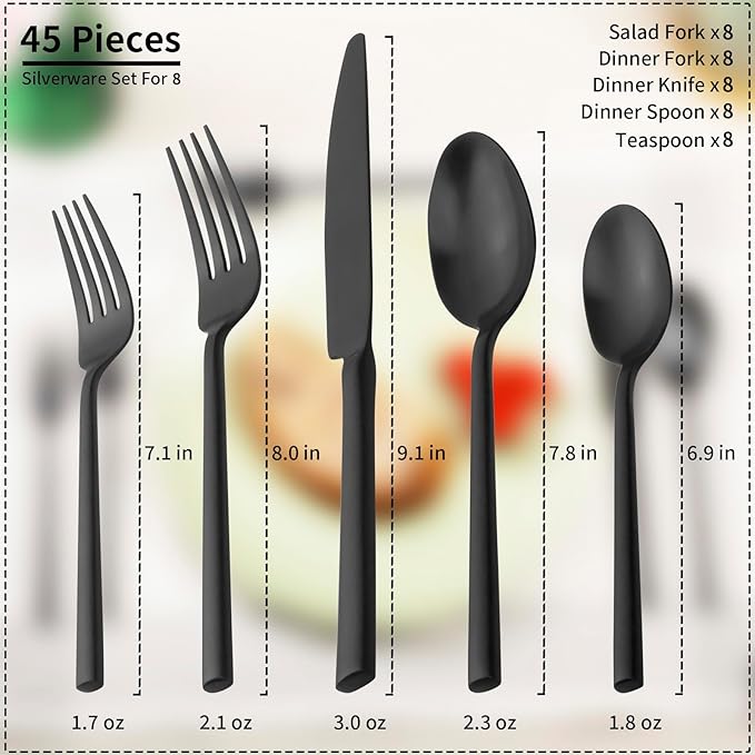 Alata Potter Black 45-Piece Forged Silverware Set with Utensil-Serving Set, Service for 8, Stainless Steel Flatware Set, Modern Design with Satin Finish, Ideal for Home, Kitchen, Party, Camping