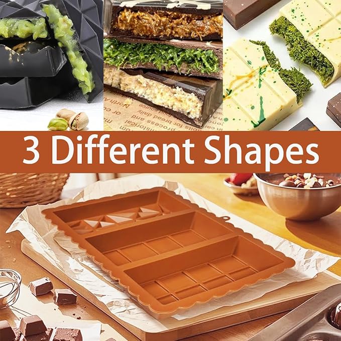 Dubai Chocolate Bar Mold - 3 Different Shapes, 1 Inch Deep Chocolate Molds Silicone,Large And Thick Candy Bar Baking Molds - Set of 2