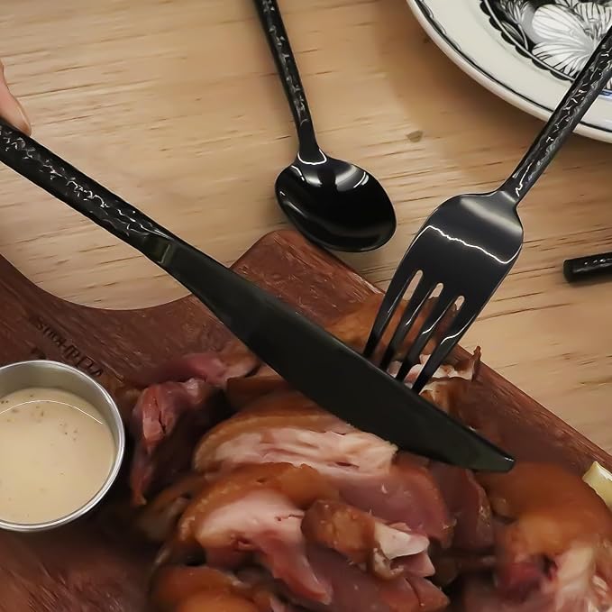 18/10 Stainless Steel Flatware Set Hand Forged Silverware Set Black Cutlery Set Round Hammered Handle Mirror Finished Heavy Duty 20 Pieces Service for 4