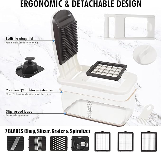 RüK Vegetable Chopper, Extra Large Chopper Vegetable Cutter, Multifunctional 10-in-1 Pro Food Chopper - 6 Blades, 4 Vegetable Spiralizers, E-Recipes - Veggie Chopper with Container