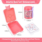 Bento Lunch Box Set With 10oz Soup Thermo, Leak-proof Lunch Containers with 4 Compartment, Kids Hot Thermo Food Jar/Insulation Lunch Bag, Food Containers for School（Flamingo）