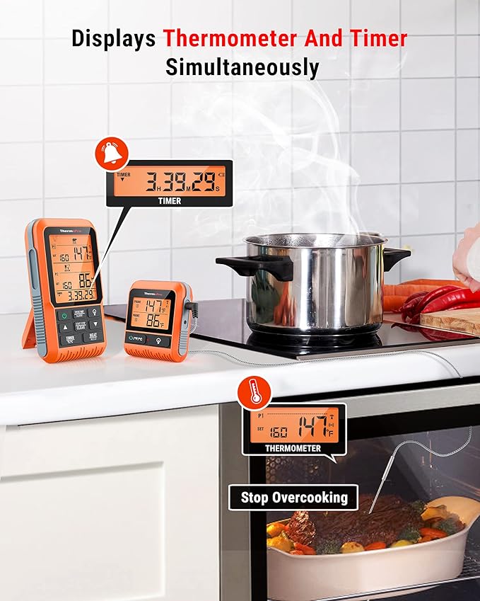ThermoPro TP826 500FT Wireless Meat Thermometer, Dual Meat Probe Cooking Thermometer with HI/Low Alert, Food Grill Temperautre probe, Outdoor Fryer Accessories for BBQ, Smoker, Oven, Grilling Gift
