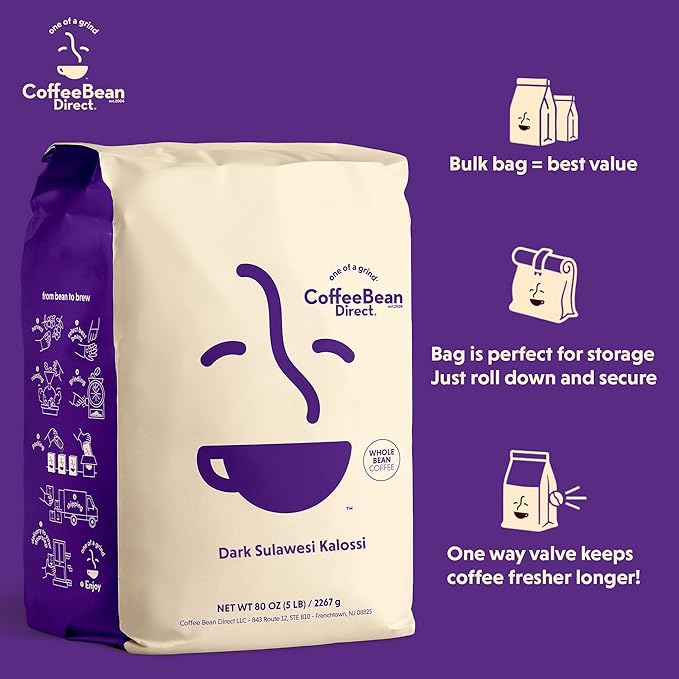 Coffee Bean Direct Dark Sulawesi Kalossi, Whole Bean Coffee, Arabica Coffee, Dark Roast, 5 Pound Bag (Pack of 1)
