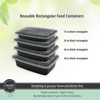 MULMEHË Plastic Food Storage Take-Out Container and Lid Combo, 28 oz, Microwaveable, Rectangular, Black, 8.5x6x1.5, Set of 150
