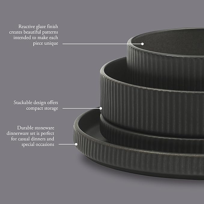 Gibson Elite Deerfield 16-Piece Stoneware Dinnerware Set – Matte Black Reactive Glaze Plates and Bowls, Stackable, Modern Design, Service for 4 – Microwave & Dishwasher Safe