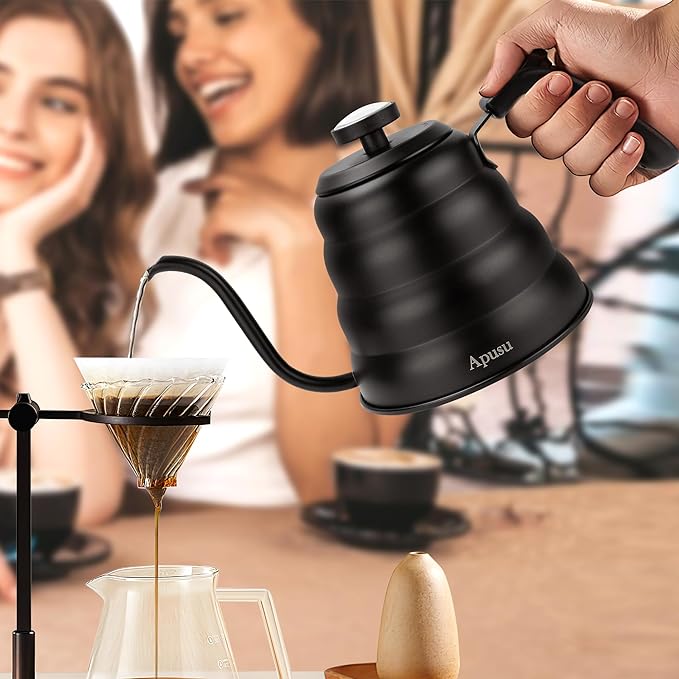 Tea Kettle with Thermometer Pot Black Stovetop Tea Kettle 40oz Gooseneck Kettle Teapot Pour Over Coffee Kettle with Thermometer,1200ml,6 Cup,Black,1Pack