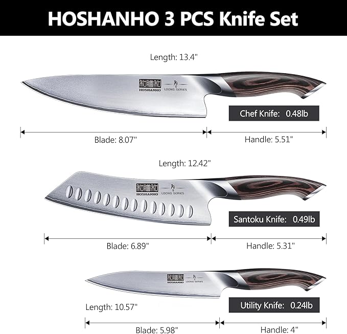 HOSHANHO 3 Pieces Knife Set, Professional Japanese High Carbon Stainless Steel Kitchen Knife Set, Ultra Sharp Chef Knives Sets with Ergonomic Pakkawood Handle