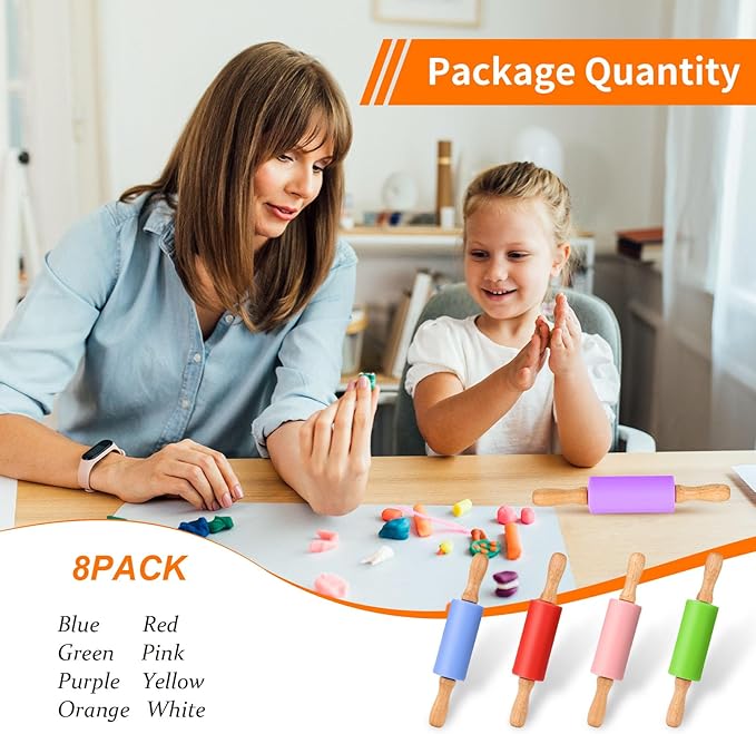 Mini Silicone Rolling Pin for Kids, Non-stick Surface Wood Handle, 9 Inch 8 Pack