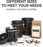 Veken Large Coffee Canister with Window, Rice Kitchen Food Storage Airtight Stainless Steel Container with Lids, Date Tracker and Scoop, Grounds, Beans, Tea, Flour, Cereal, Sugar Jars, 38oz, Black