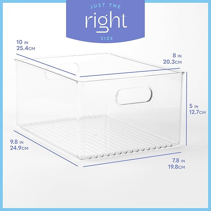 Clear Plastic Organizer Bins with Handles for Home Organization. Storage Containers for Organizing Fridge, Freezer, Cabinet. Pantry, Great for Kitchen, Garage, Laundry Room. 10"x8"x5"