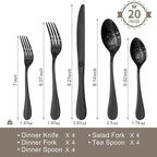 KINGSTONE 20 Piece Teardrop Silverware Set for 4, 18/10 Stainless Steel Flatware Set, Modern Design Cutlery Set for Home/Hotel/Wedding,Mirror Polished and Dishwasher Safe, Black