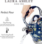 VQ Laura Ashley Elveden Navy 2.5L Stainless Steel Tea Kettle Stovetop Whistling Teapot for Induction, Gas Hob or others. Silicon Coated Cool Handle & Push Button Mechanism Vintage Stove Top Kettle