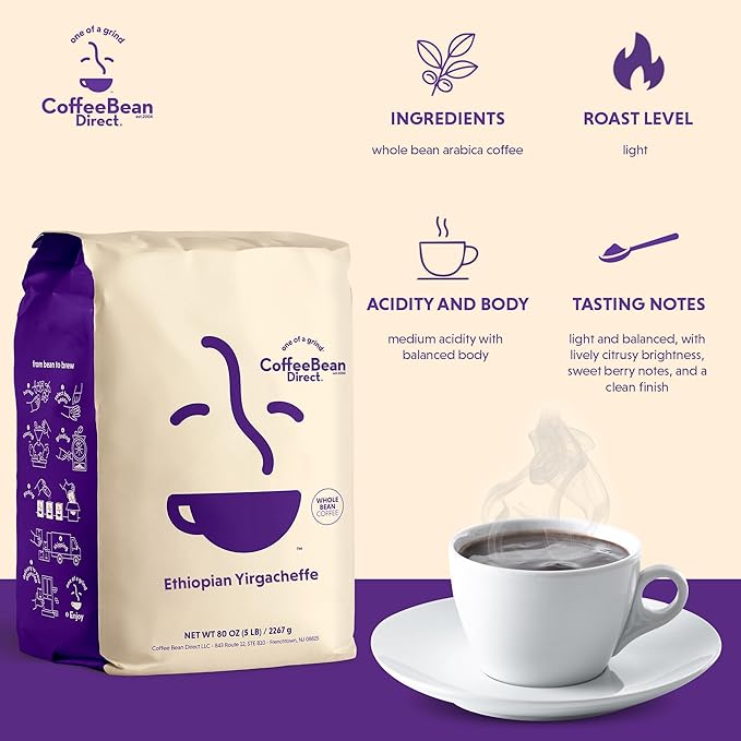 Coffee Bean Direct Ethiopian Yirgacheffe, Whole Bean Coffee, Light Roast, 5 Pound Bag (Pack of 1)