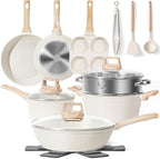 17 Pcs Pots and Pans Set Non stick，Cookware Sets White Granite Induction Cookware, Non-toxic Healthy Non Stick Kitchen Cooking Set with Frying Pans Set, Saucepans (PFAS, PFOA, PFOS Free) White
