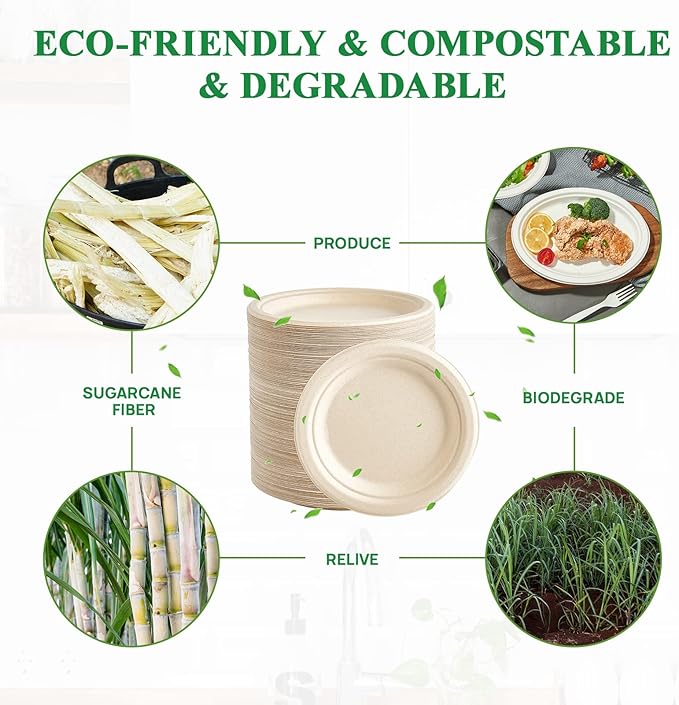 Vplus 350 Pack Paper Plates 7 inch 100% Compostable, Heavy-Duty Disposable Paper Plates Bagasse Natural Biodegradable Eco-Friendly Sugarcane