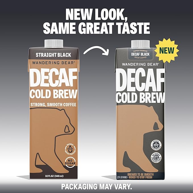 Wandering Bear Decaf Cold Brew Coffee - Bold, Smooth, No Sugar Added, Shelf-Stable, Ready to Drink, Gluten Free & Vegan Decaf Iced Cold Brewed Coffee Drink - 32 fl oz, 3 pack