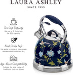 VQ Laura Ashley Elveden Navy 2.5L Stainless Steel Tea Kettle Stovetop Whistling Teapot for Induction, Gas Hob or others. Silicon Coated Cool Handle & Push Button Mechanism Vintage Stove Top Kettle