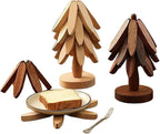 Natural Wood Tree Trivet Set, 𝐍atural Tree Trivet Set - 4 Wooden Trivets,4 Wooden 𝐓rivets & 1 Stand Like a Christmas Trees,for Hot Dish,Pot,Bowl,Teapot,Hot Pot Sets (Walnut Finish 4 Trivets,3set)