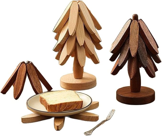 Natural Wood Tree Trivet Set, 𝐍atural Tree Trivet Set - 4 Wooden Trivets,4 Wooden 𝐓rivets & 1 Stand Like a Christmas Trees,for Hot Dish,Pot,Bowl,Teapot,Hot Pot Sets (Walnut Finish 5 Trivets,1set)