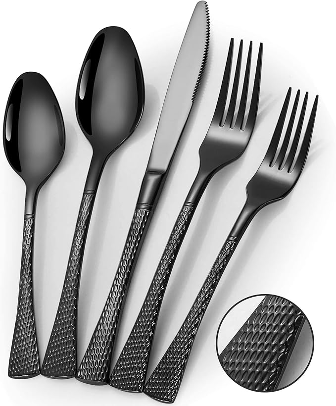 Lemeya Hammered Black Silverware Set for 8,Stainless Steel 40-Piece Modern Cutlery Set,Mirror Polished Heavy Duty Flatware Set Utensil Set,Knives Spoons and Forks Set,Dishwasher Safe