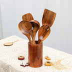 Wooden Utensils for Cooking, 7pcs Natural Acacia Wood kitchen utensils set with Holder For Cooking Utensil set Wooden Spoons Spurtle Spatula For Cooing Non-Stick Pan