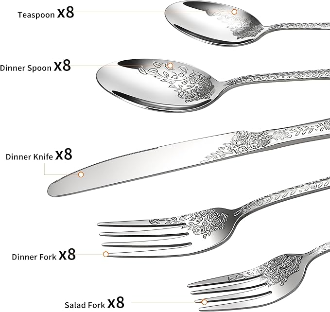 Floral 40 Pcs Silverware Set for 8, Food Grade Stainless Steel Flatware Set with Rose Flower Embossed Design, Eating Utensils Sets Include Fork/Knife/Spoon, Reusable Cutlery Set, Dishwasher Safe