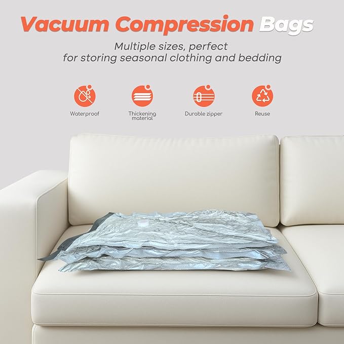 Vacuum Seal Bags for Clothing Travel, 8 Pack 34" Vacuum Storage Bags with Wireless Charging Pump Compression Packing for Clothes Blanket Bedding Suitcase Luggage, Space Saver for Travel