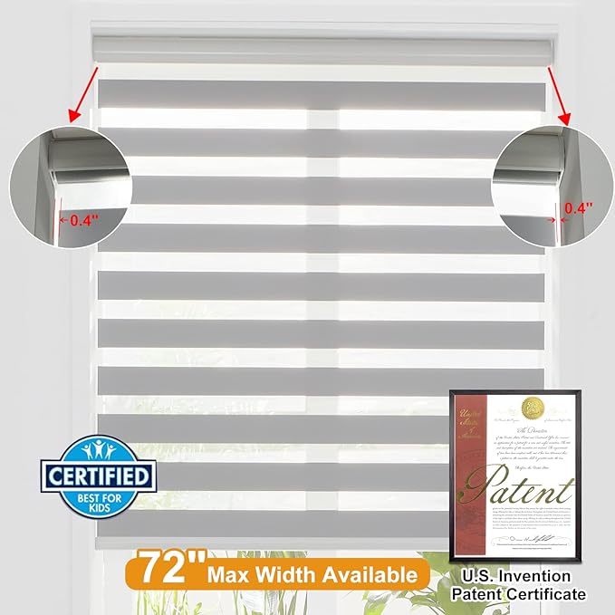 Persilux Cordless Zebra Blinds for Windows Free-Stop Roller Windows Shades (31" W X 72" H, Grey) Dual Layer Light Control for Day and Night, Light Filtering Sheer Shades for Home