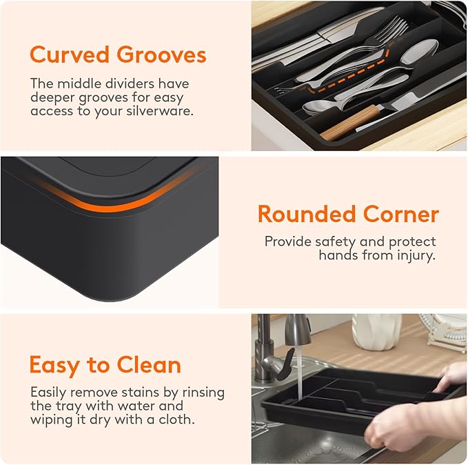 Lifewit Silverware Tray, Deep Wide Cutlery Drawer Organizer Storage for Kitchen, Plastic Flatware Utensil Holder Divider for Spoons Forks Knives Tableware, 5 Compartment, Black