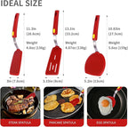 Silicone Spatula Turner Heat Resistant 600°F 3 Piece Set Non Scratch Flexible Slotted and Solid Thin Rubber Spatula Flipper for Cooking Pancake,Egg,Fish,Burger,Steak for Nonstick Cookware,Red