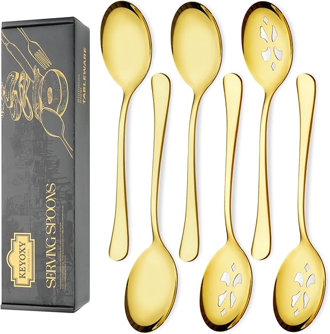 6 Piece Stainless Steel Serving Spoon Set - 3 Large, 3 Slotted,Dishwasher Safe,10-Inch,Gold, for Parties/Kitchen/Buffet/Catering