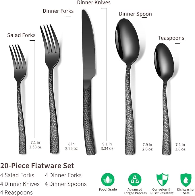 20-Piece Silverware Set, Black Hammered Stainless Steel Flatware for 4, Food-Grade Tableware, Including Fork, Knife, Spoon Set, Home Kitchen Cutlery, Dishwasher Safe
