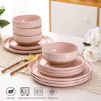 AmorArc Ceramic Dinnerware Sets for 6, 18 Pieces Handpainted Speckled Plates and Bowls Set with Rustic Terracotta Underside, Scratch Resistant Stoneware Dishes Set, Dishwasher & Microwave Safe, Pink