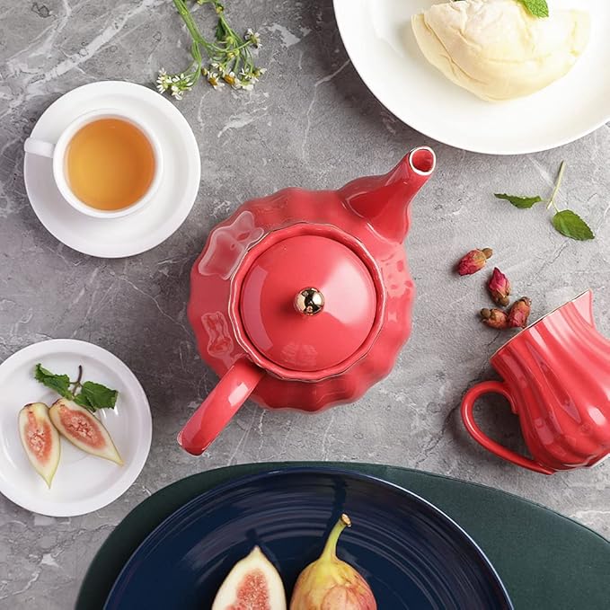 Sweejar Royal Teapot, Ceramic Tea Pot with Removable Stainless Steel Infuser, Blooming & Loose Leaf Teapot - 28 Ounce(Red)
