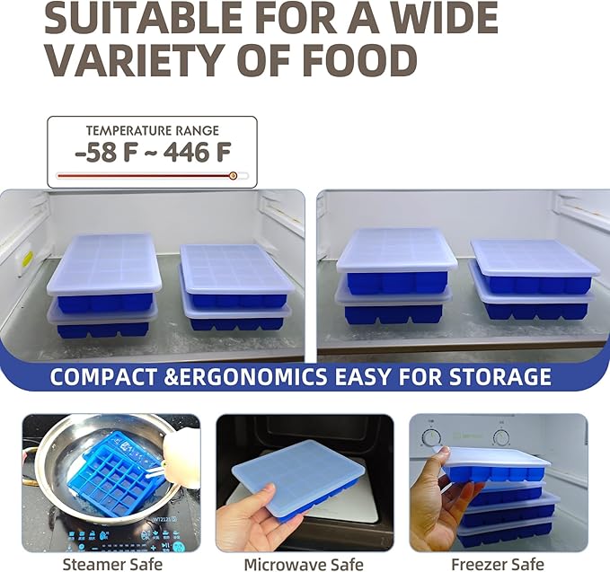 2 Tbsp & 1 Tbsp Silicone Freezer Molds - Perfect for Storing Garlic, Herbs, Ginger, Pesto, Tomato Paste, Lemon Juice,Vegetable Purees,Purees and More - Silicone Food Freezer Tray (Blue 4 Pack)