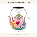 MACKENZIE-CHILDS Enamel Tea Kettle, Cute Tea Kettle for Stovetop, 2 Quarts, Cat Love