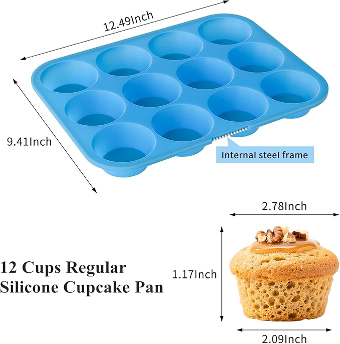 Bangp 12-Cup Silicone Muffin Pan with Metal Reinforced Frame,2 Pack Regular Size Cupcake Pan,Premium Non-Stick Bend Resistance Silicone Molds for Making Muffin,Cakes,Tart,Egg Bites (Red & Blue)