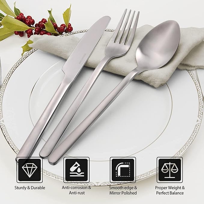 KINGSTONE 30 Pieces Silverware Set, Flatware Cutlery Set for 6, 18/10 Stainless Steel Silverware Utensils Minimalist Design Dishwasher Safe, Matte Silver
