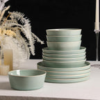 Stone Lain Claire 12-Piece Dinnerware Set Stoneware, Plates and Bowls Set, Dishwasher and Microwave Safe, Dish Set for 4, Green