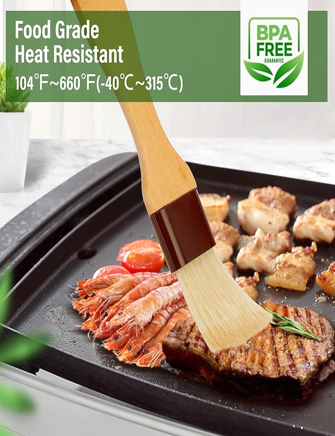 Natural Bristle Basting & Pastry Brush Set - 1.5"& 1" Food Grade Cooking Brushes, Not Shedding, for Turkey Basting, Butter, Egg Wash, Baking (4 Pc)