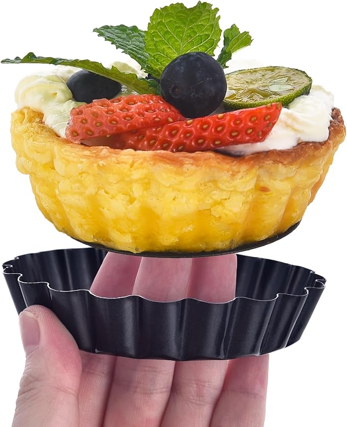 DATANYA 24Packs Mini Tart Pans 3 Inch with Removable Botttom, Carbon Steel Fluted Tart Tin Shell Mold Round Nonstick 3'' Quiche Pans for Pies, Mousse Cakes, Dessert Baking
