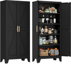 71" Tall Metal Storage Cabinet with 2 Doors and 4 Adjustable Shelves, 5-Tier Kitchen Pantry Storage Cabinet for Kitchen, Living Room, Dining Room and Office, Black