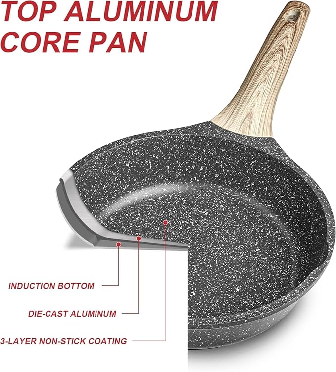Caannasweis Nonstick Granite Frying Pan Skillet, Non Stick Omelette Fry Pans, Omelet Egg Pan, Stone Cookware Chef's Pan, Induction Compatible, PFOA Free (Gray, 9.5 Inch with Lid)