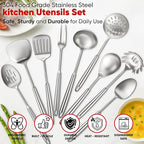 Newness 9 Pcs Cooking Utensils Set, 304 Stainless Steel Kitchen Utensils Set, Metal Kitchen Accessories, Include Soup Ladle, Slotted Skimmer Spoon, Spaghetti Spoon and Spatula, Dishwasher Safe