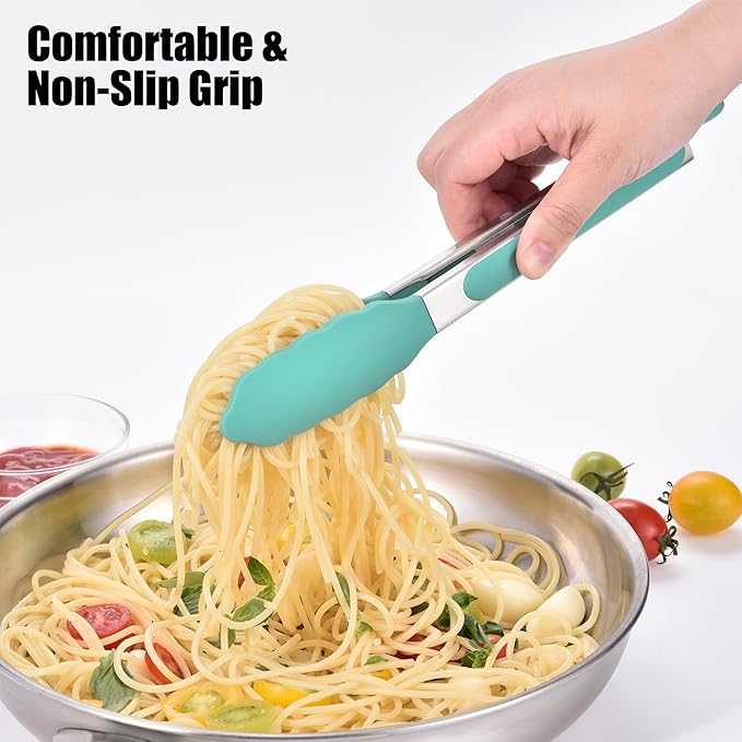 Doosu Kitchen Tongs for Cooking - 600°F Heat Resistant Food Tong with Non-Scratch Silicone Tips, Heavy Duty Stainless Steel Locking Tong for BBQ, Grilling Steak, Serving Salad, Pasta (9in, Aqua Sky)