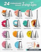 RFAQK 64PCs Cake Decorating Kit with Leveler, Baking Supplies Gift Includes Cake Stand Turntable, 24 Numbered Icing Tips, 30+1 Piping Bags, 2 Frosting Spatulas, 3 Scrappers, Video Course & Booklet