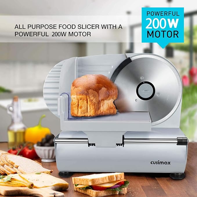 Meat Slicer, CUSIMAX Electric Deli Food Slicer with Two 7.5'Removable Stainless Steel Blades and Pusher, Cheese Fruit Vegetable Bread Cutter, Adjustable Knob for Thickness, Food Carriage