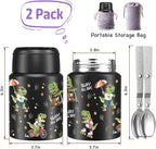 2-Pack Stainless Steel Vacuum Insulated Food Jar with Spoon, Soup Thermo Hot & Cold for Kids & Adults, Leakproof Insulated Lunch Containers with Carry Bag, 17oz.(Black-Dinosaur)