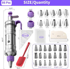 Dessert Decorating Syringe Set icing piping kit Stainless Steel frosting piping kit with 31 professional piping tips 50 disposable piping bags 1 silicone spatula 1 set of soft cake scrapers, Purple